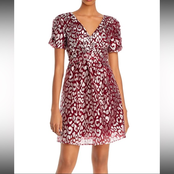 Aqua Red Metallic Leopard Print Puff Sleeve Mini Party Dress XS NEW WITH TAGS - Picture 1 of 2